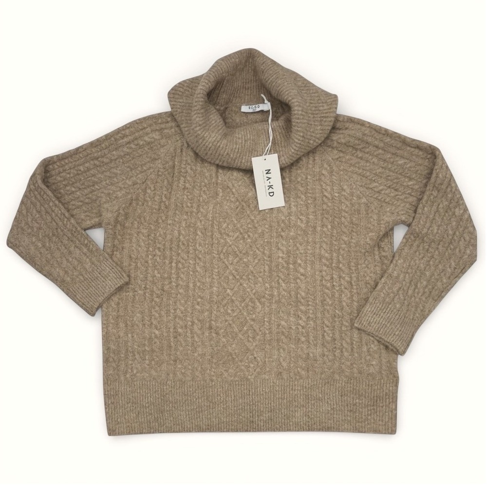 NA-KD Cable Knit Turtleneck Sweater Beige Melange M Chunky Cozy NWT Scandinavian